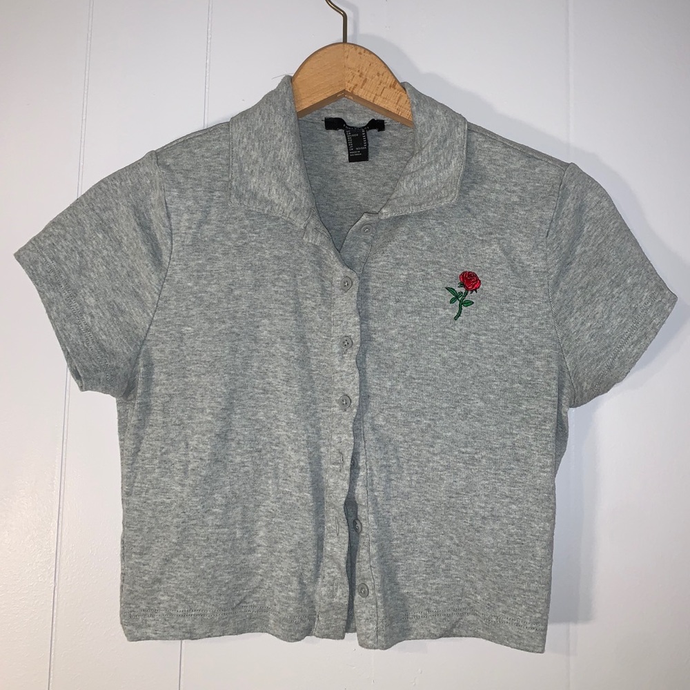 Grey Collared button down with rose detail